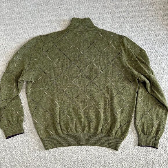 Vtg Bobby Jones Collection 1/4 Zip Merino Wool Sweater XL Green Argyle Golf - Picture 2 of 9